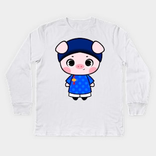 Cute Little Piggy in Ao dai ngu than for men Kids Long Sleeve T-Shirt